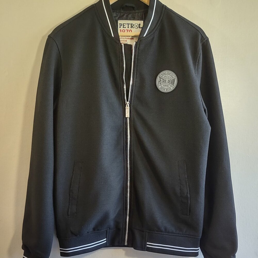 Petrol Denim Black Bomber Jacket Men's Medium Retro Gas & Oil Full Zip Pockets - Picture 3 of 14